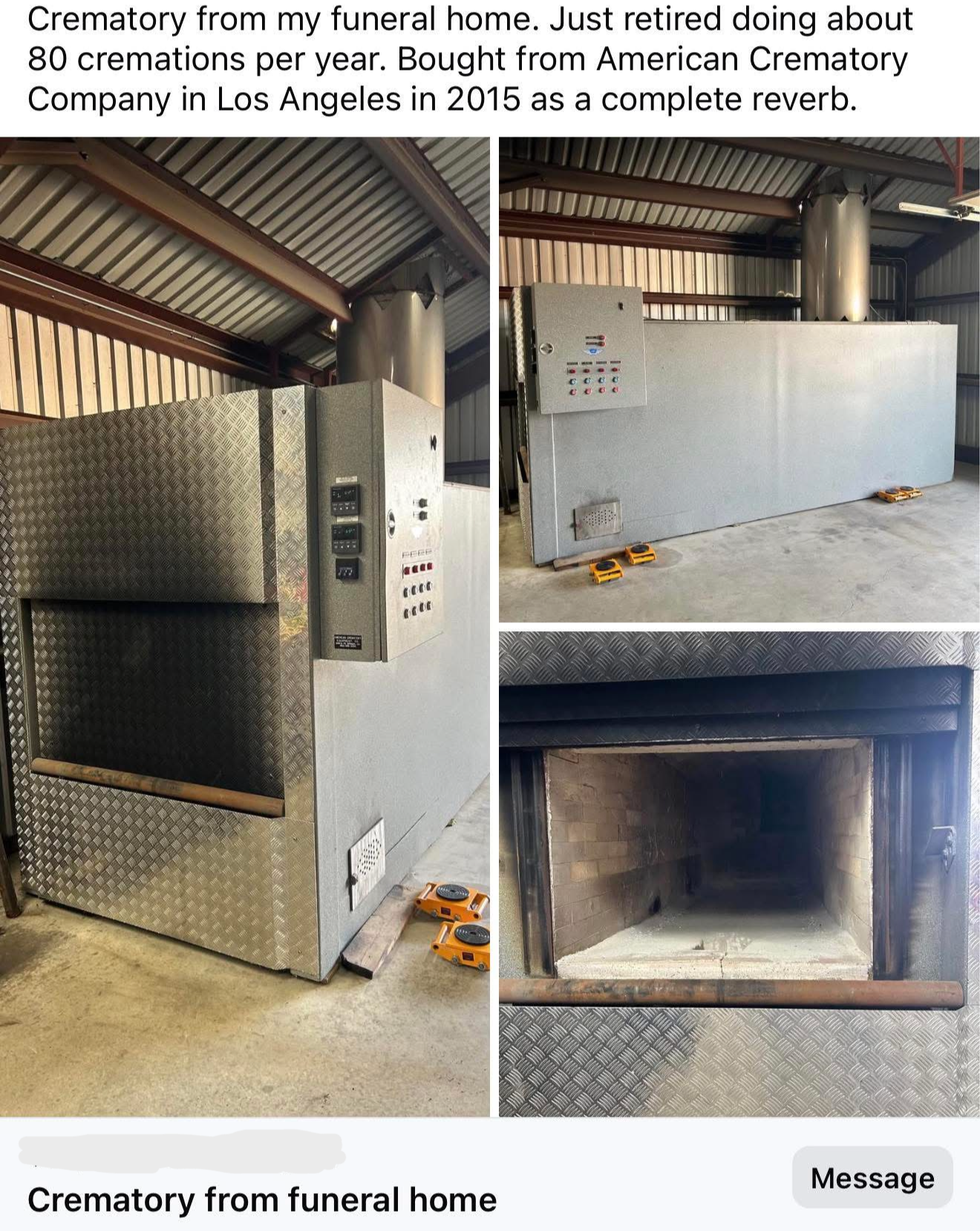 Original online ad for a retired crematory oven